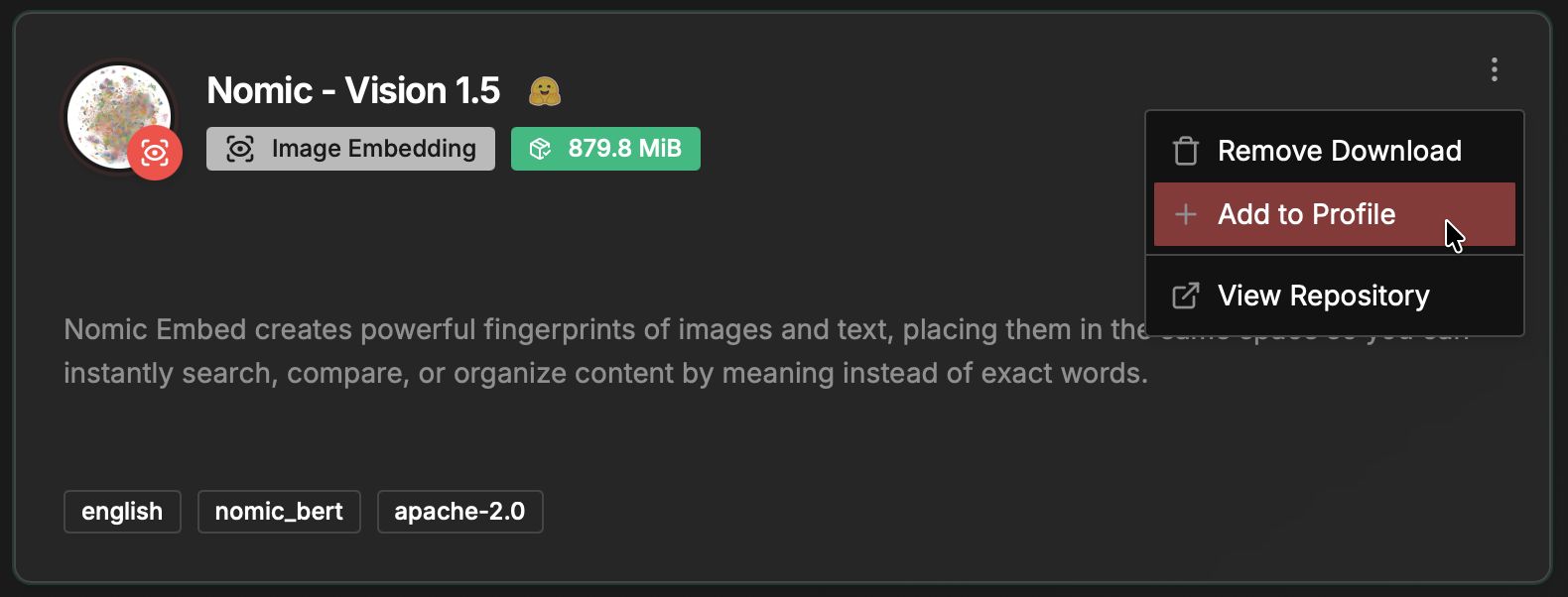 A screenshot of a model card in Flow-Like Desktop model catalog showing how to add a specific model to your profile