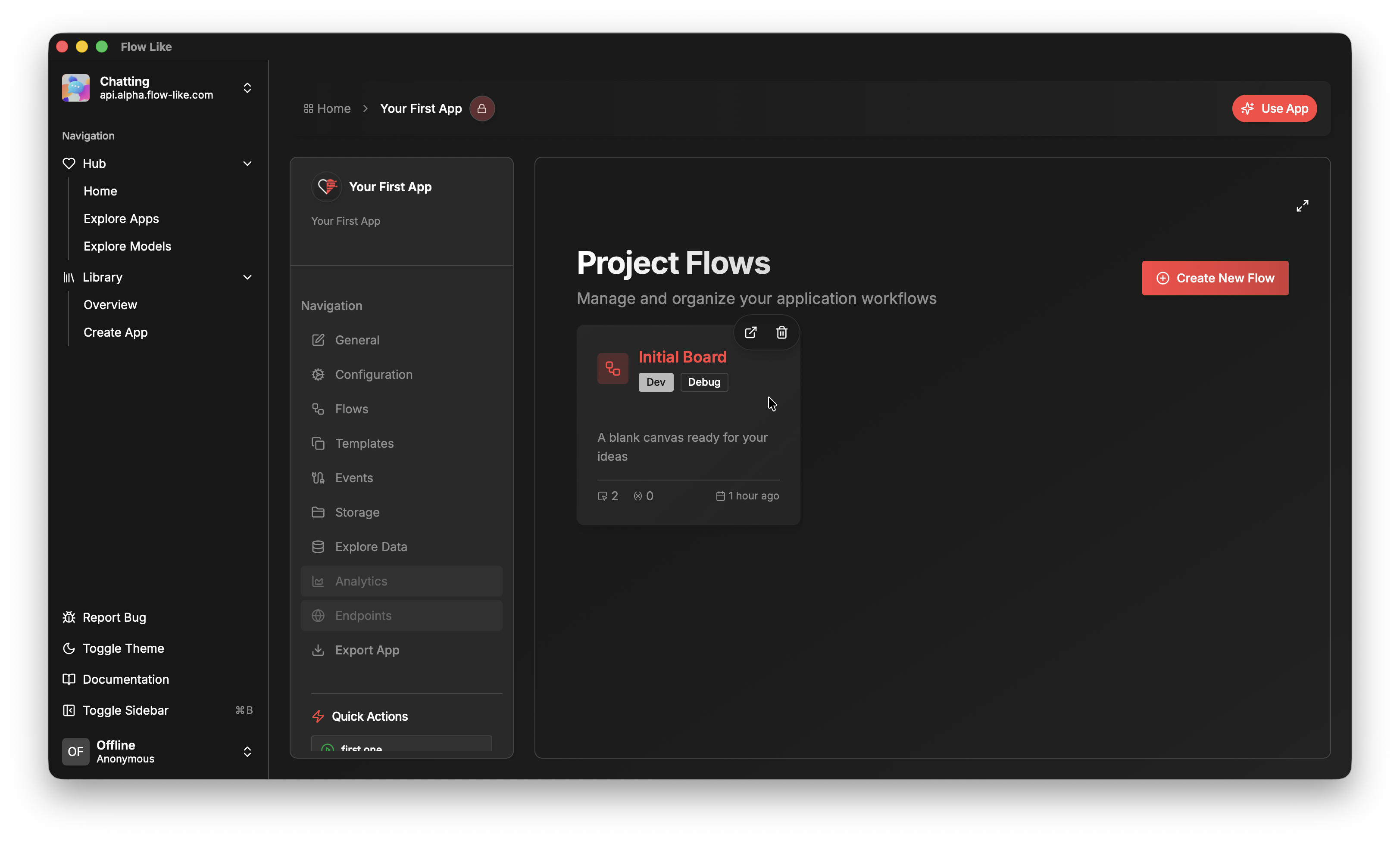 A screenshot of Flow-Like Desktop showing the Boards section of a Flow-Like app with an initial Board