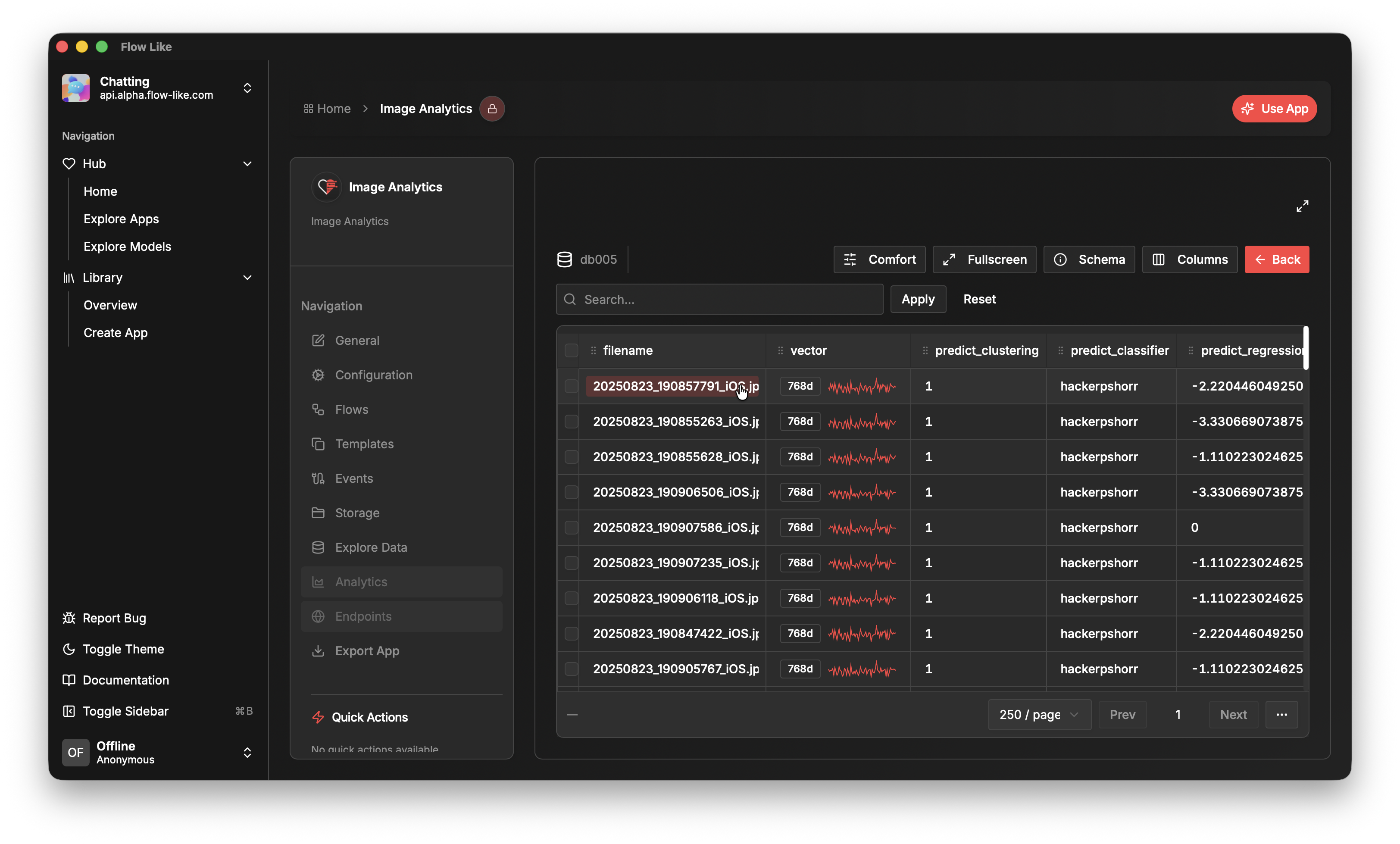 A screenshot of Flow-Like Desktop showing a preview of a custom database populated with data from flow executions
