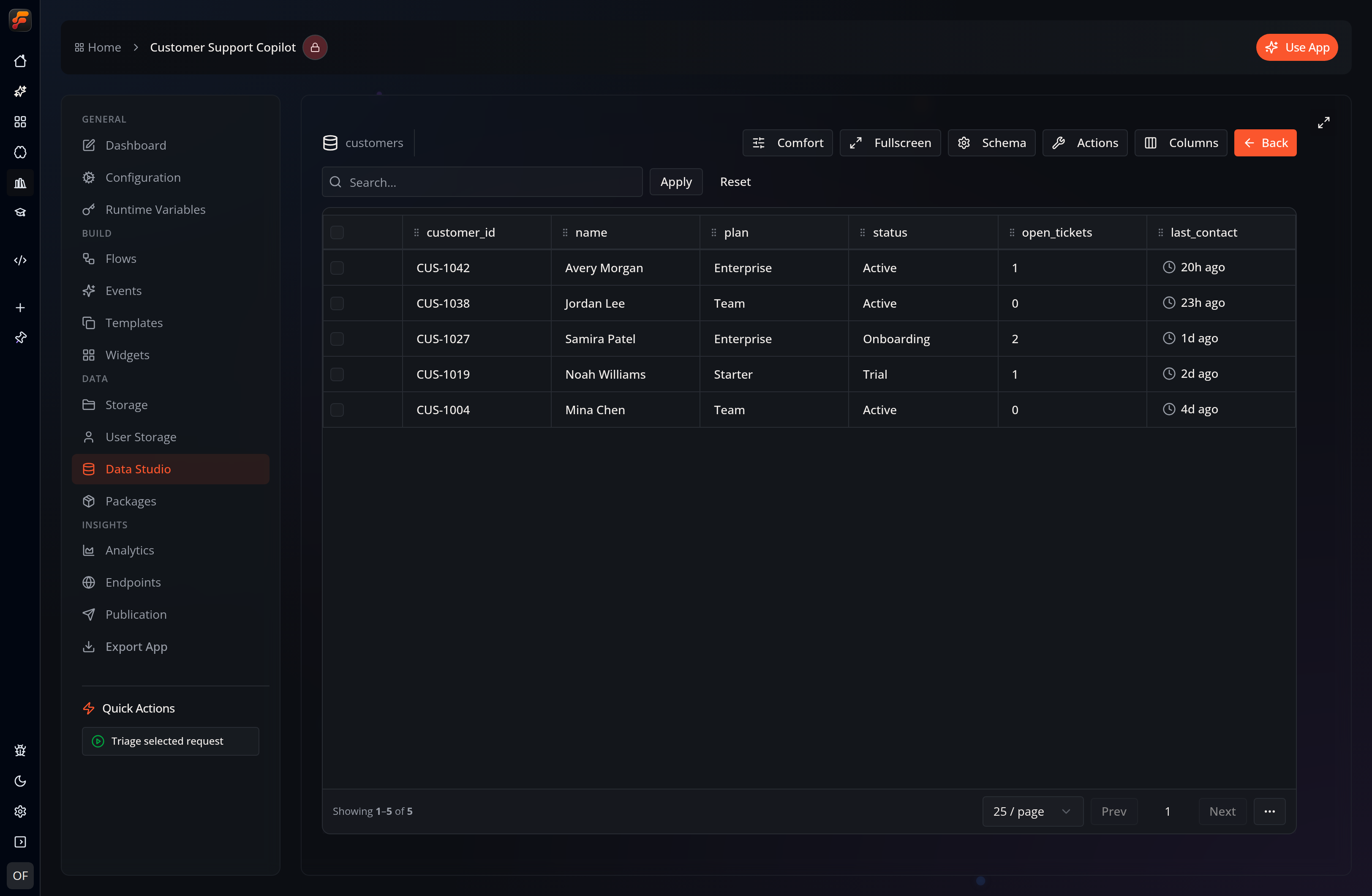 A screenshot of Flow-Like Desktop showing a preview of a custom database populated with data from flow executions