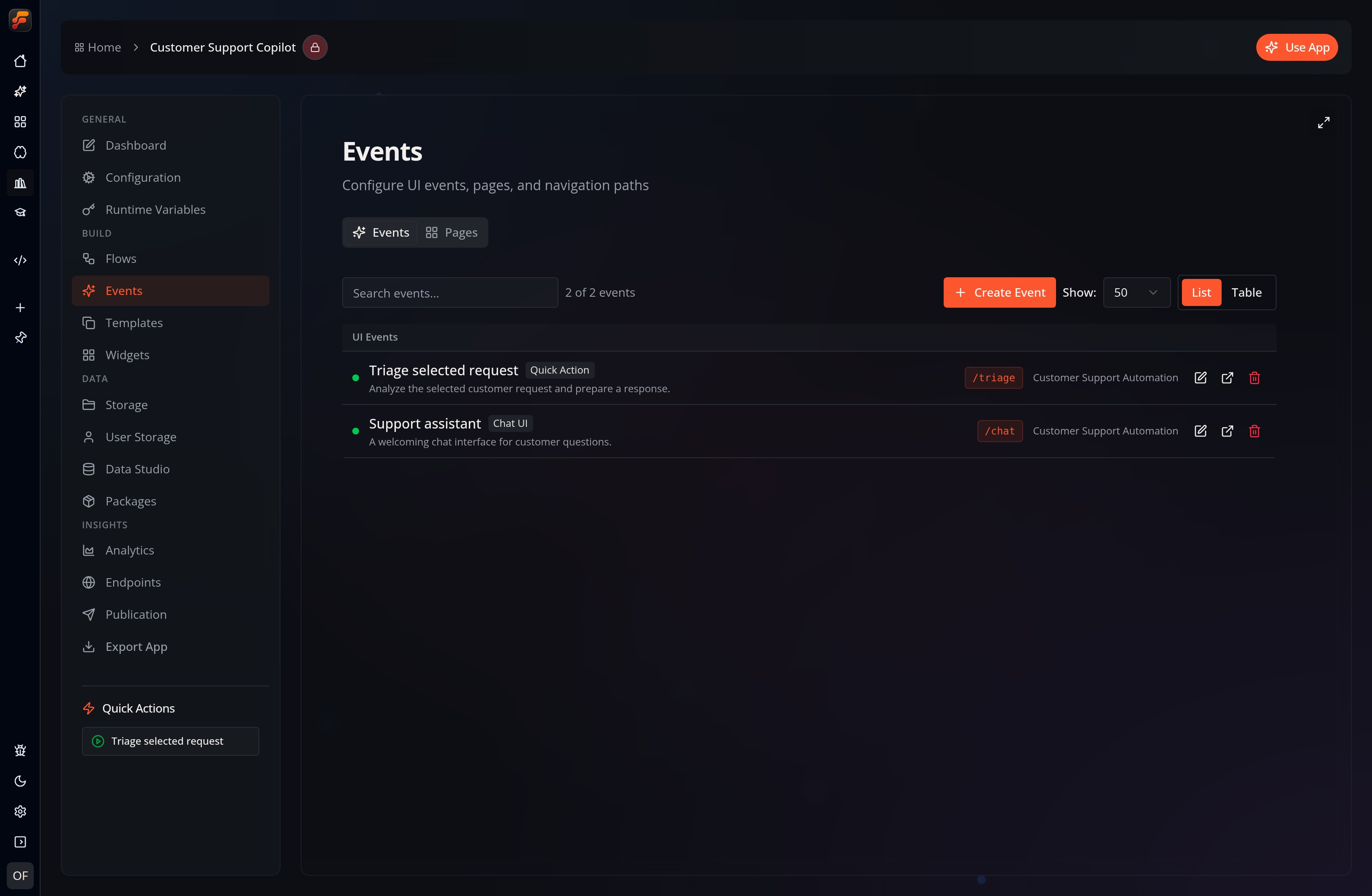 The Events workspace in Flow-Like Desktop, showing configured UI Events