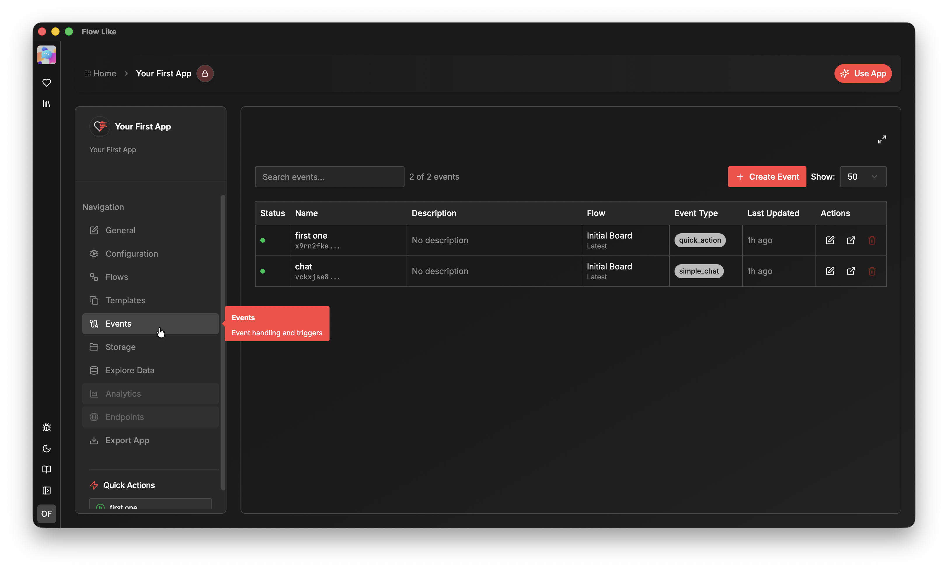 A screenshot of Flow-Like Desktop showing the Events section of an app with two events configured