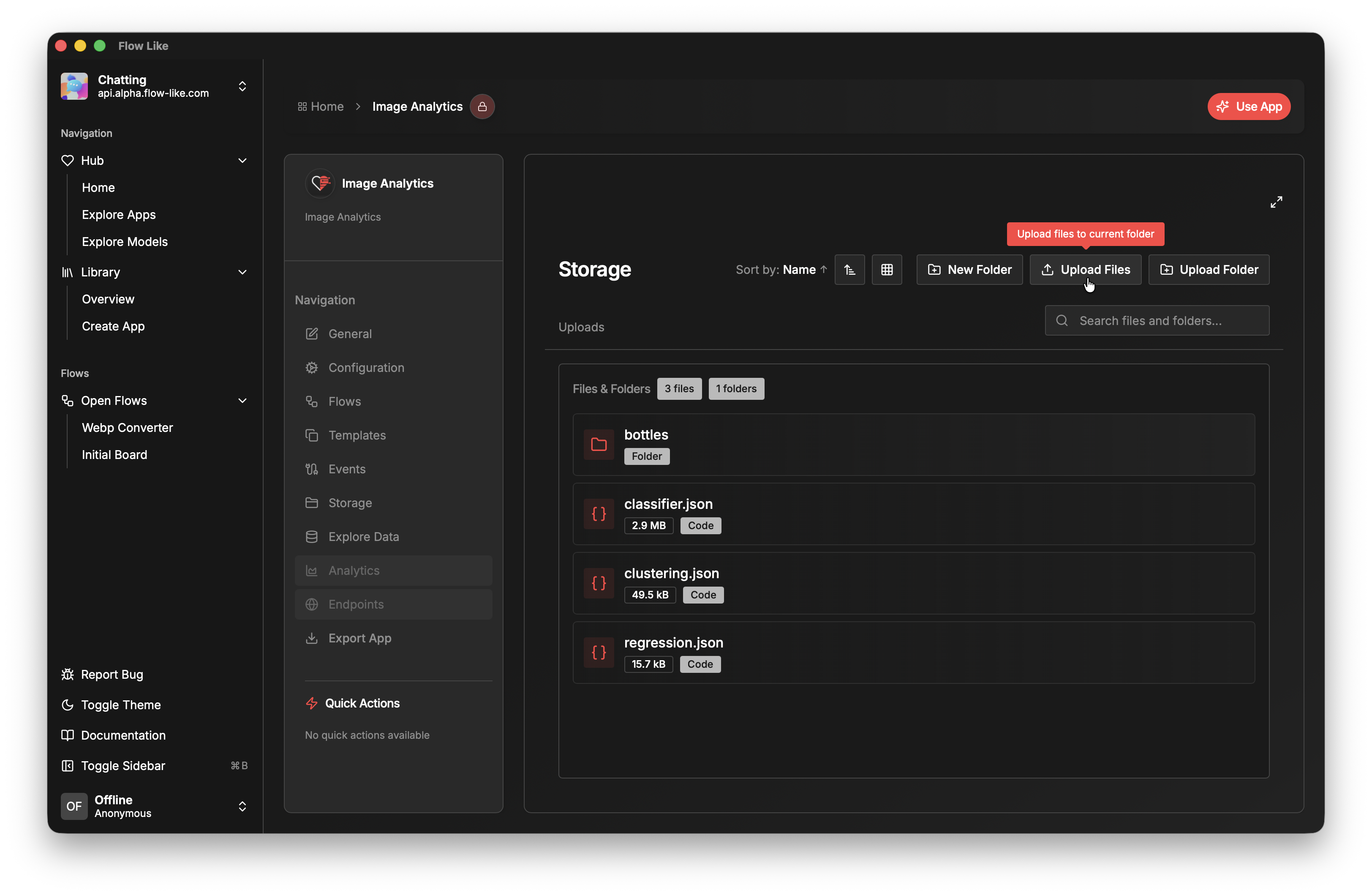 A screenshot of Flow-Like Desktop showing the upload directory of an app