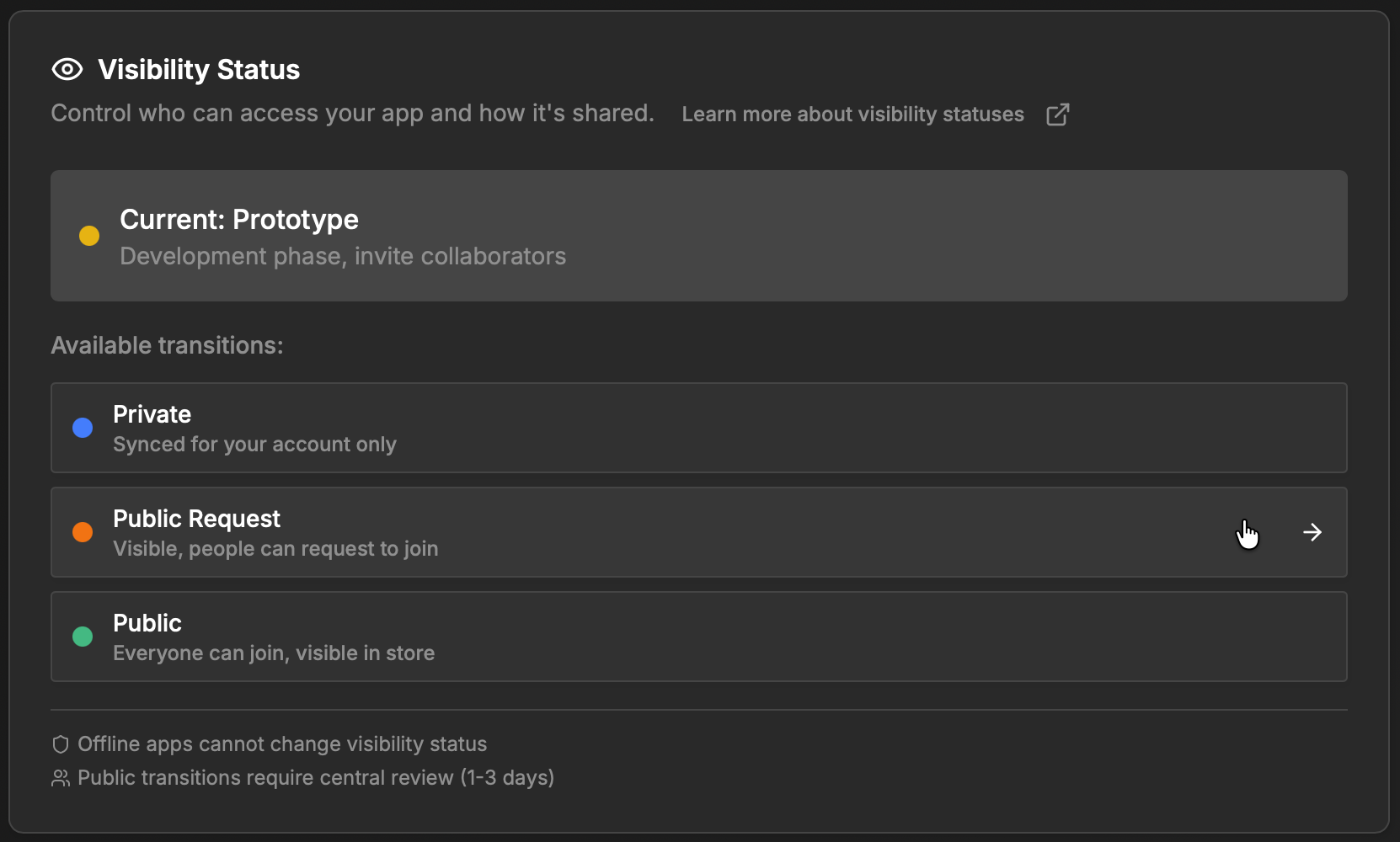 A screenshot of Flow-Like Desktop showing how to change the visibility status of an app