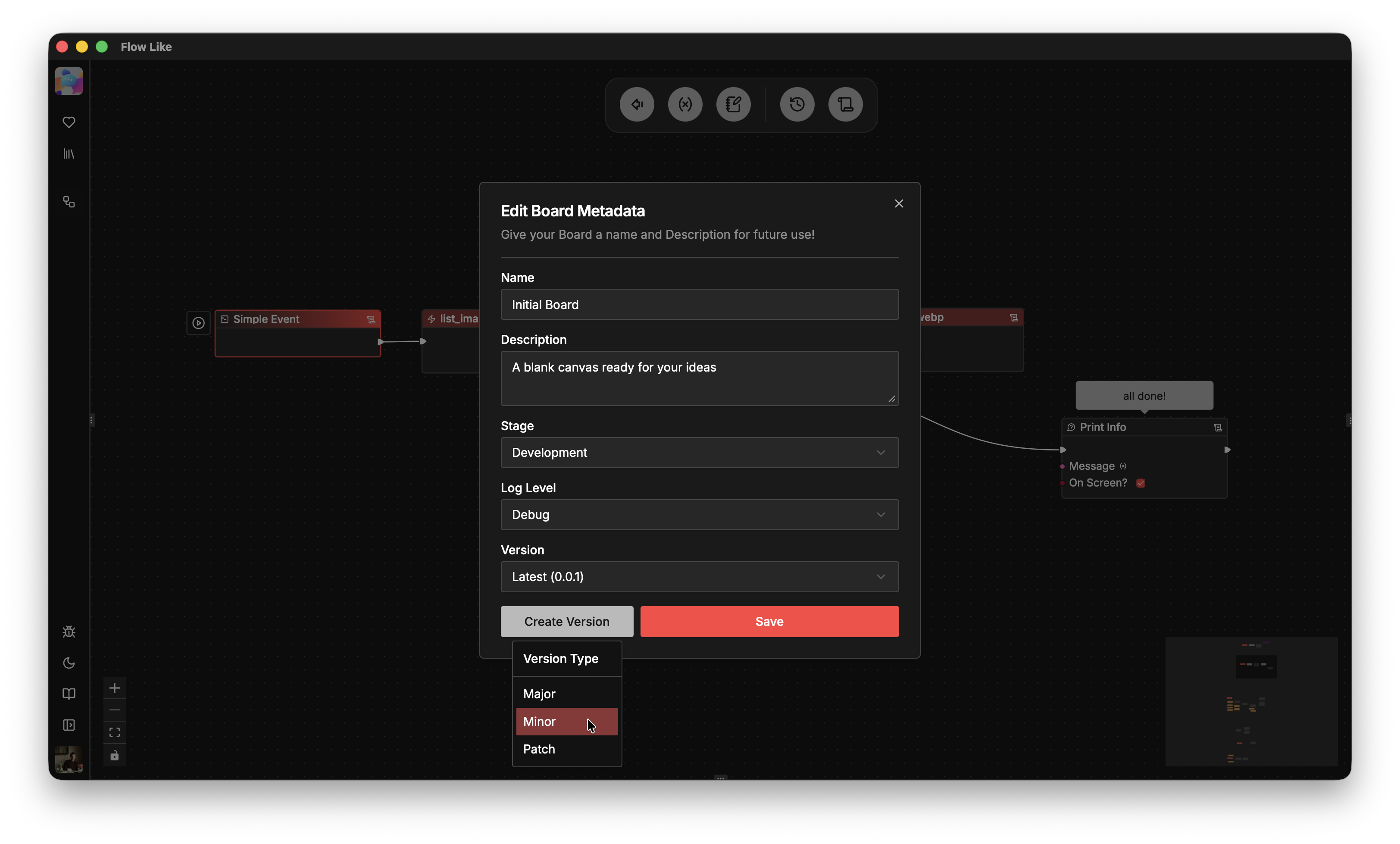 A screenshot showing how to create a new board version in Flow-Like Studio