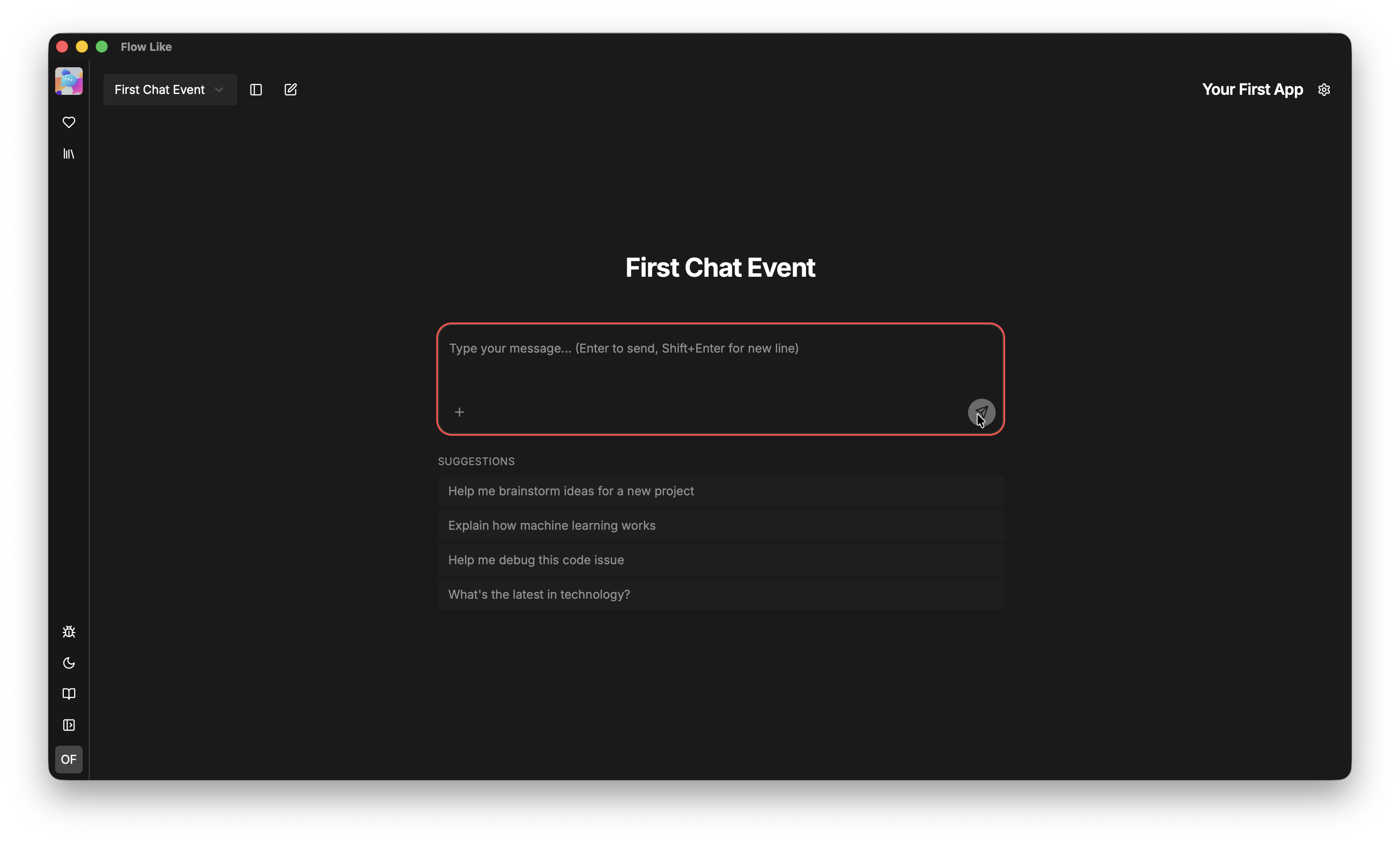 A screenshot of Flow-Like Desktop showing a customizable chat interface linked to a workflow via a chat event
