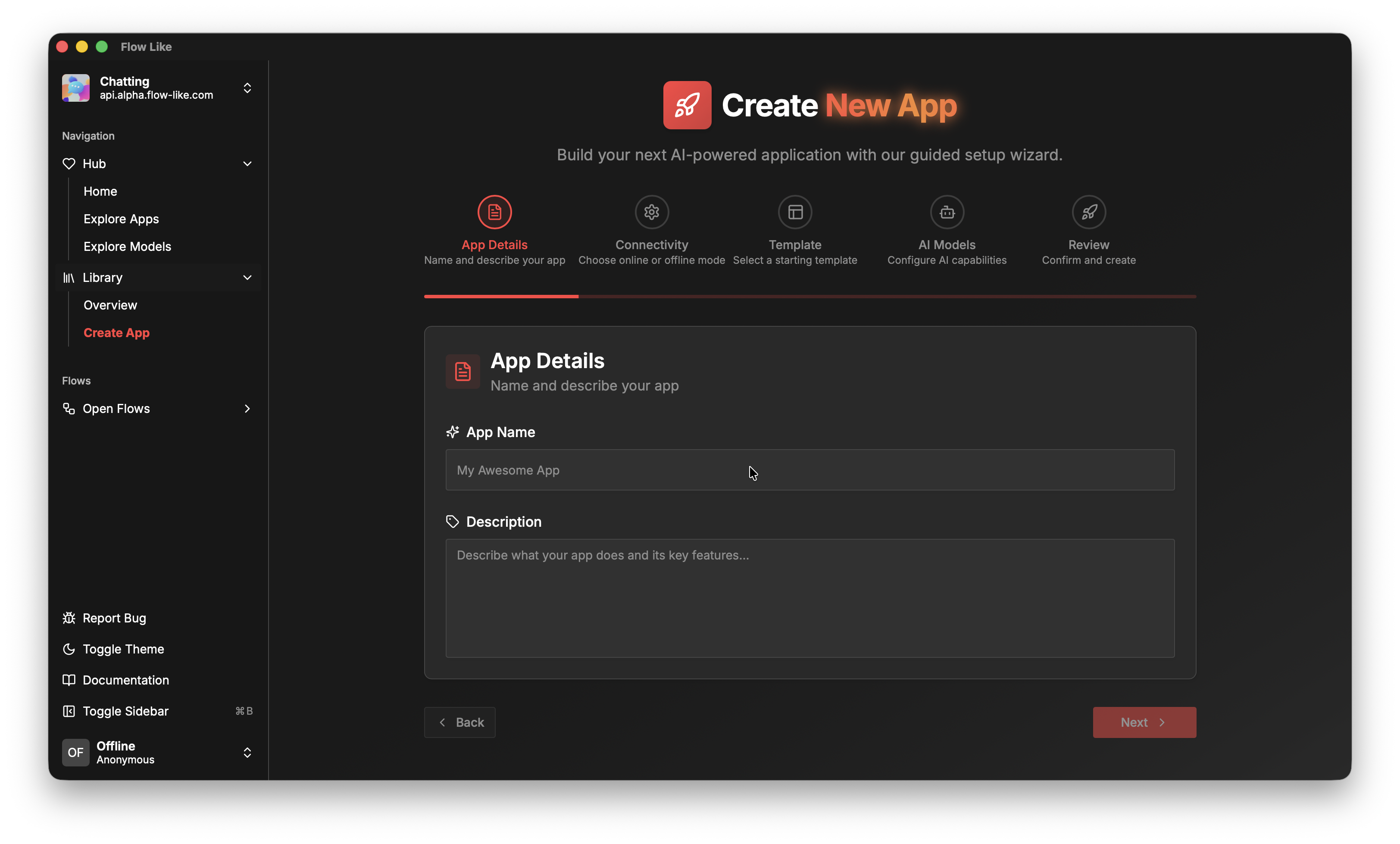 A screenshot of Flow-Like Desktop showing the creation workflow for a new app