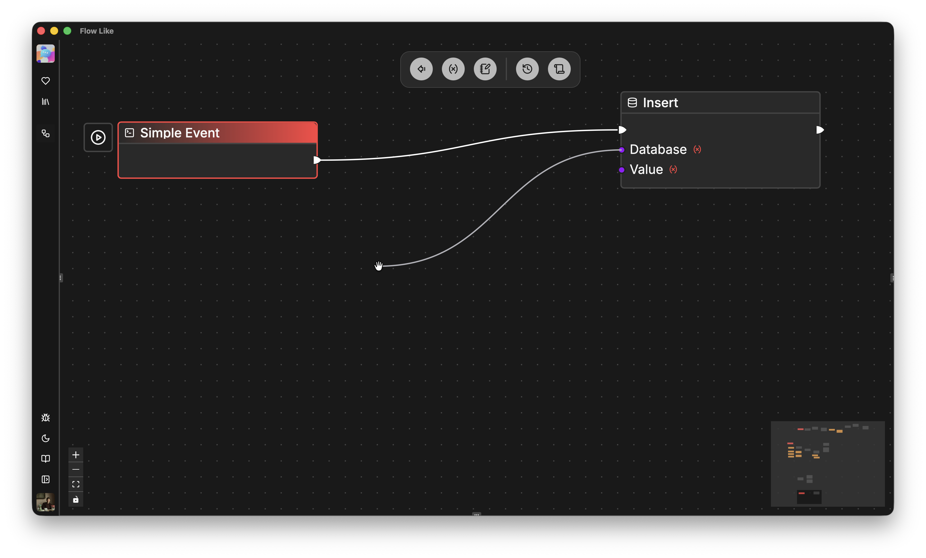 A screenshot showing how to drag a node pin into the open canvas to immediately create a new node + wire.