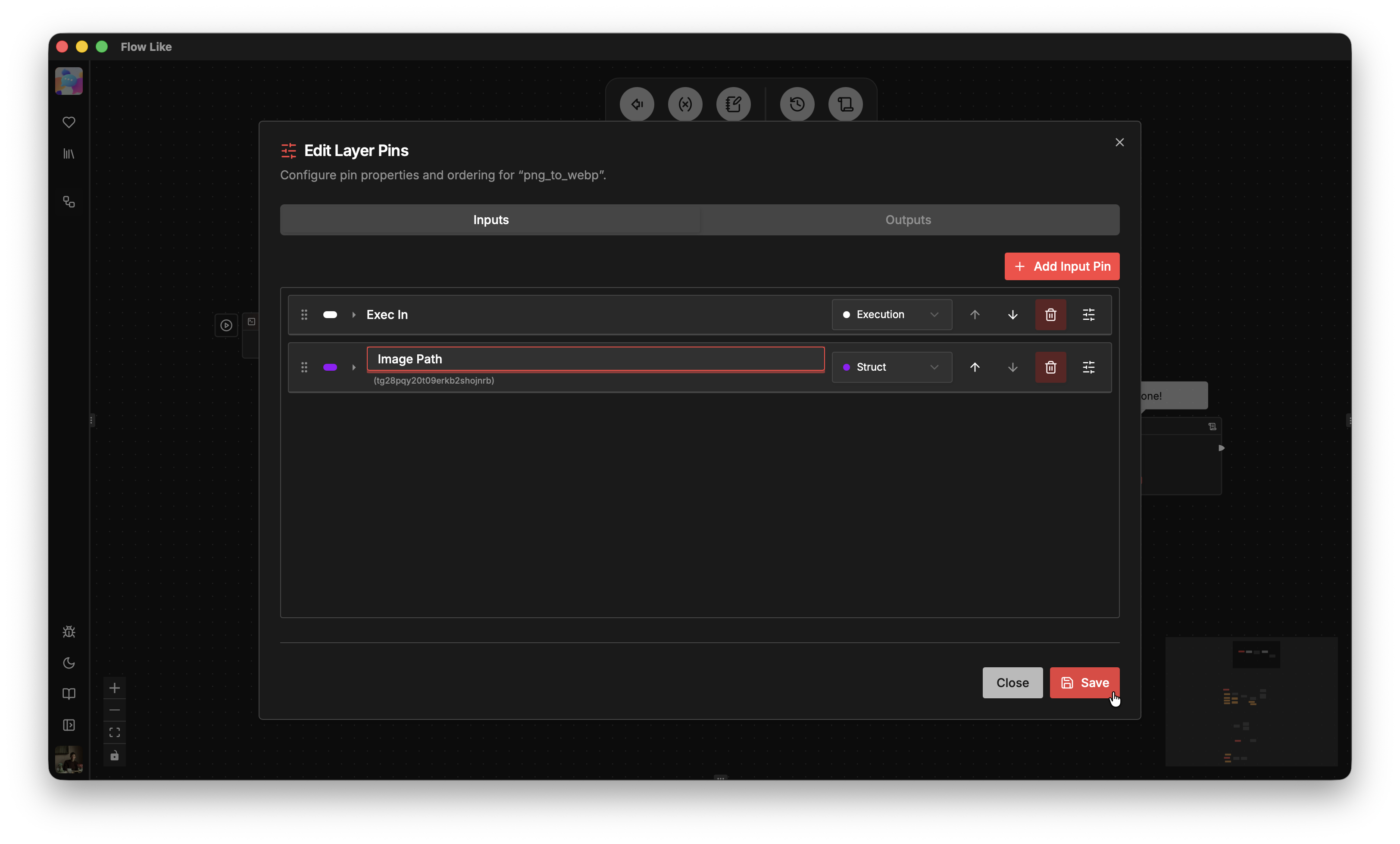 A screenshot showing how to add, remove, rename, or change the type of pins for placeholder nodes