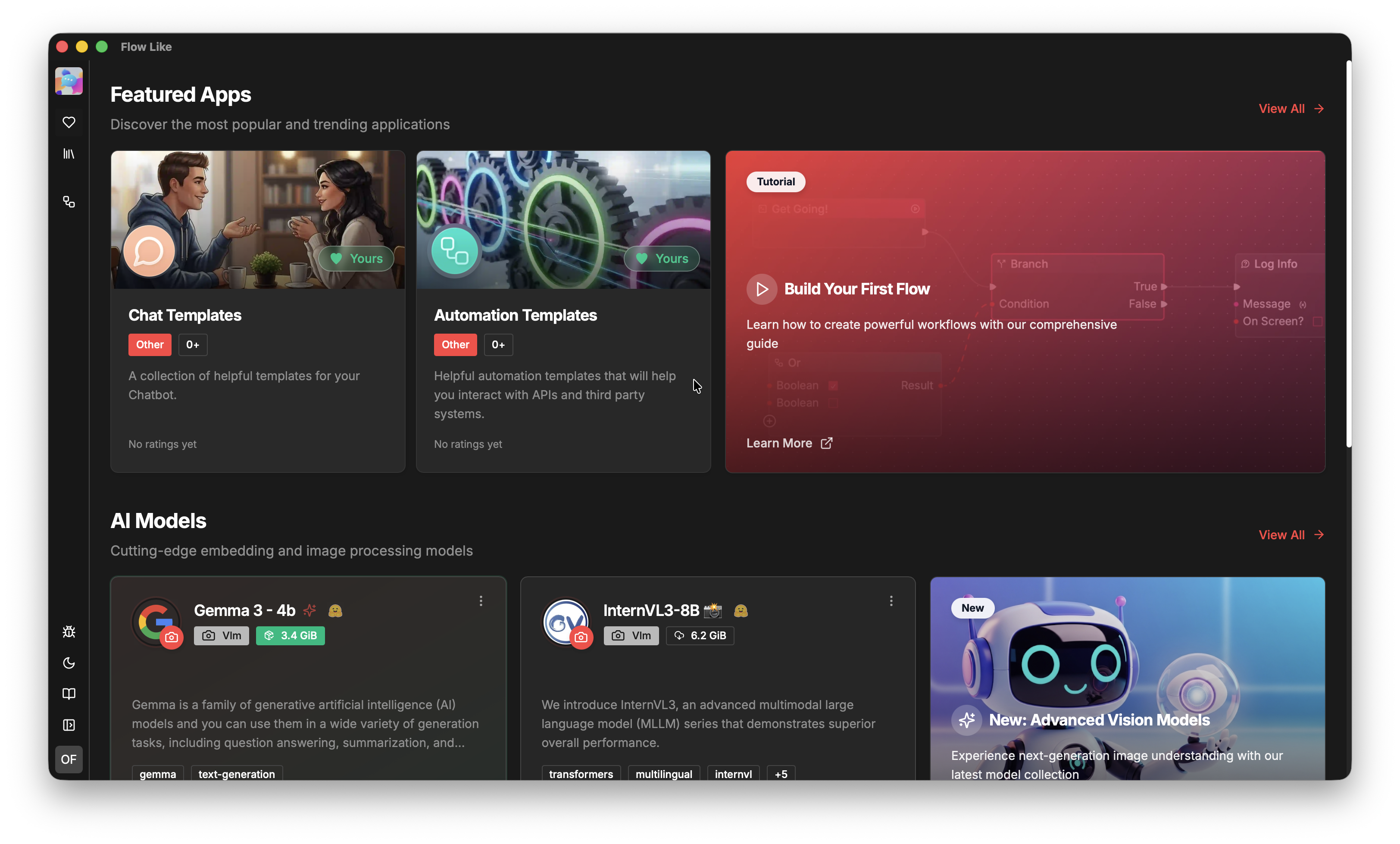 A screenshot of the Flow-Like Desktop landing page with swimlanes for public apps, models, and more