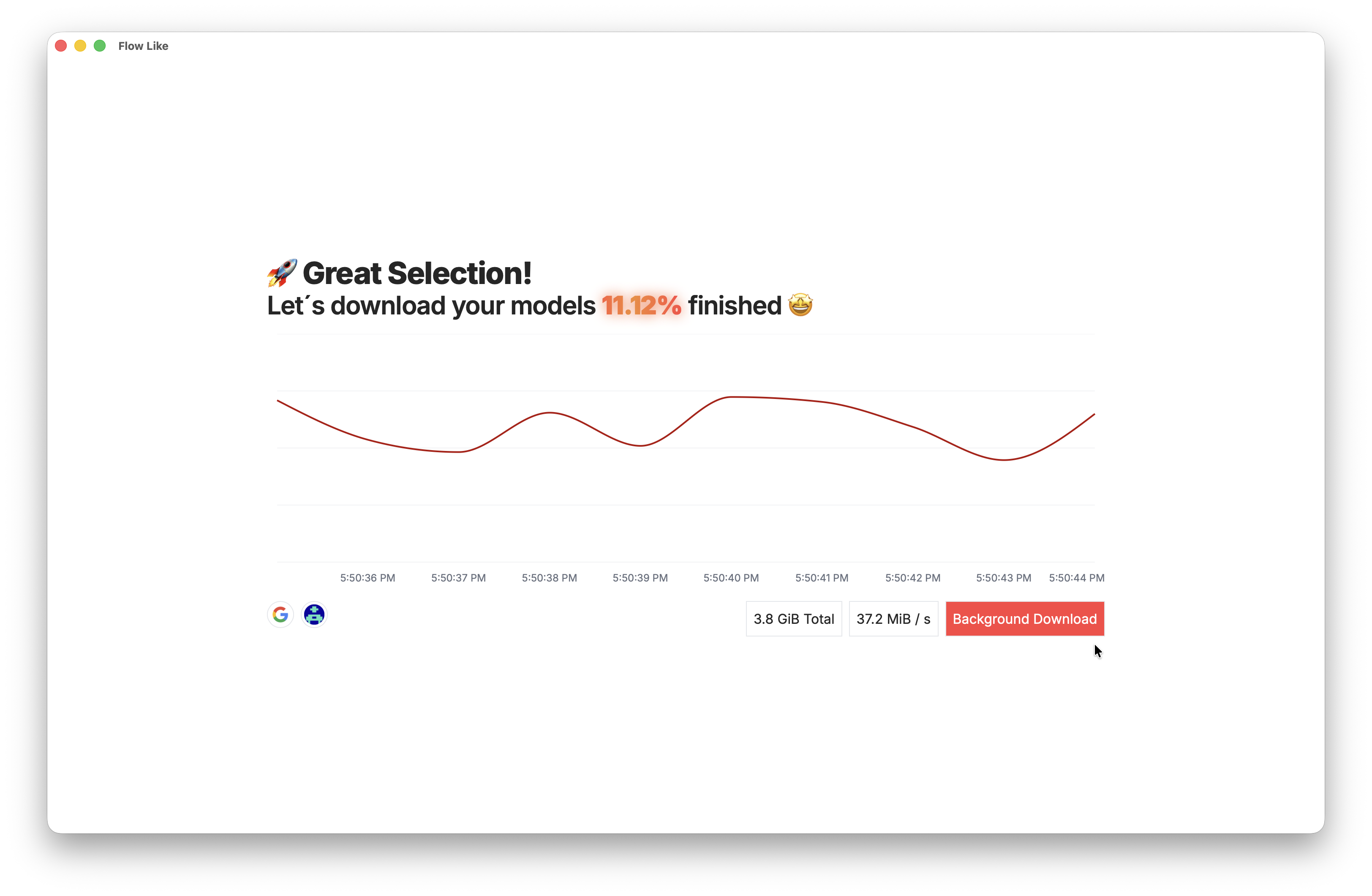 A screenshot of Flow-Like Desktop showing the download progress for language models when opening the app for the first time