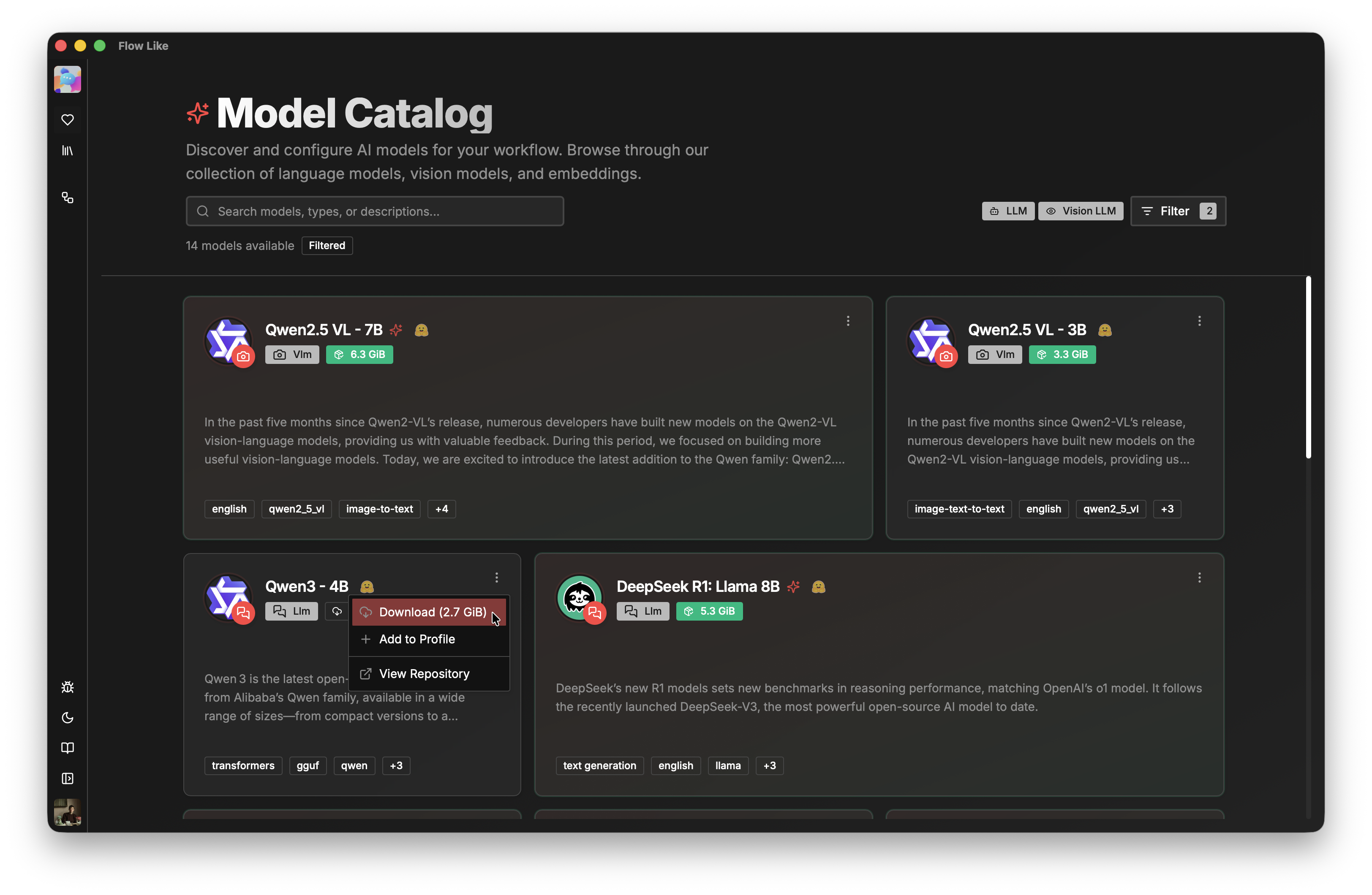 A screenshot of Flow-Like Desktop showing a preview of the Model Catalog