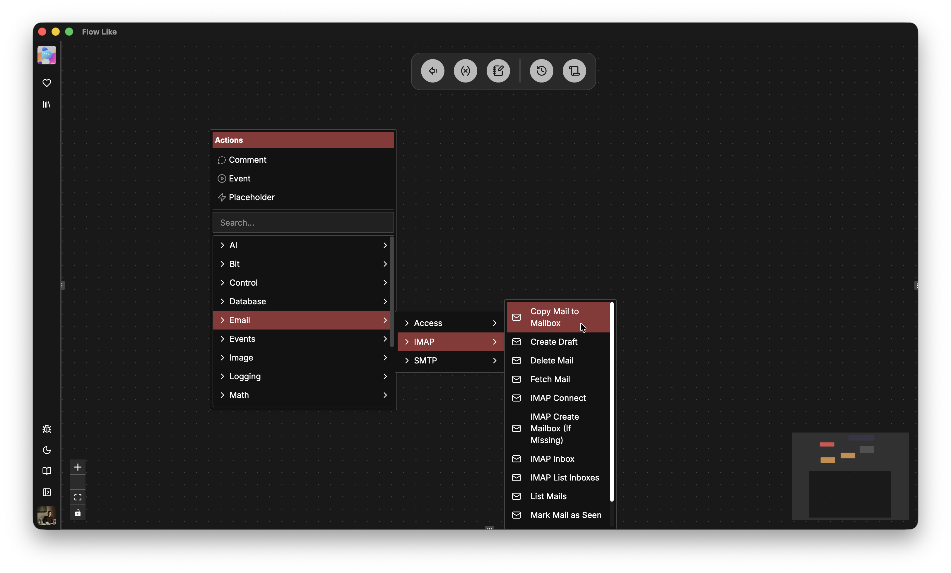 A screenshot showing how you can right-click into the node catalog, e.g. browsing available nodes for mail operations