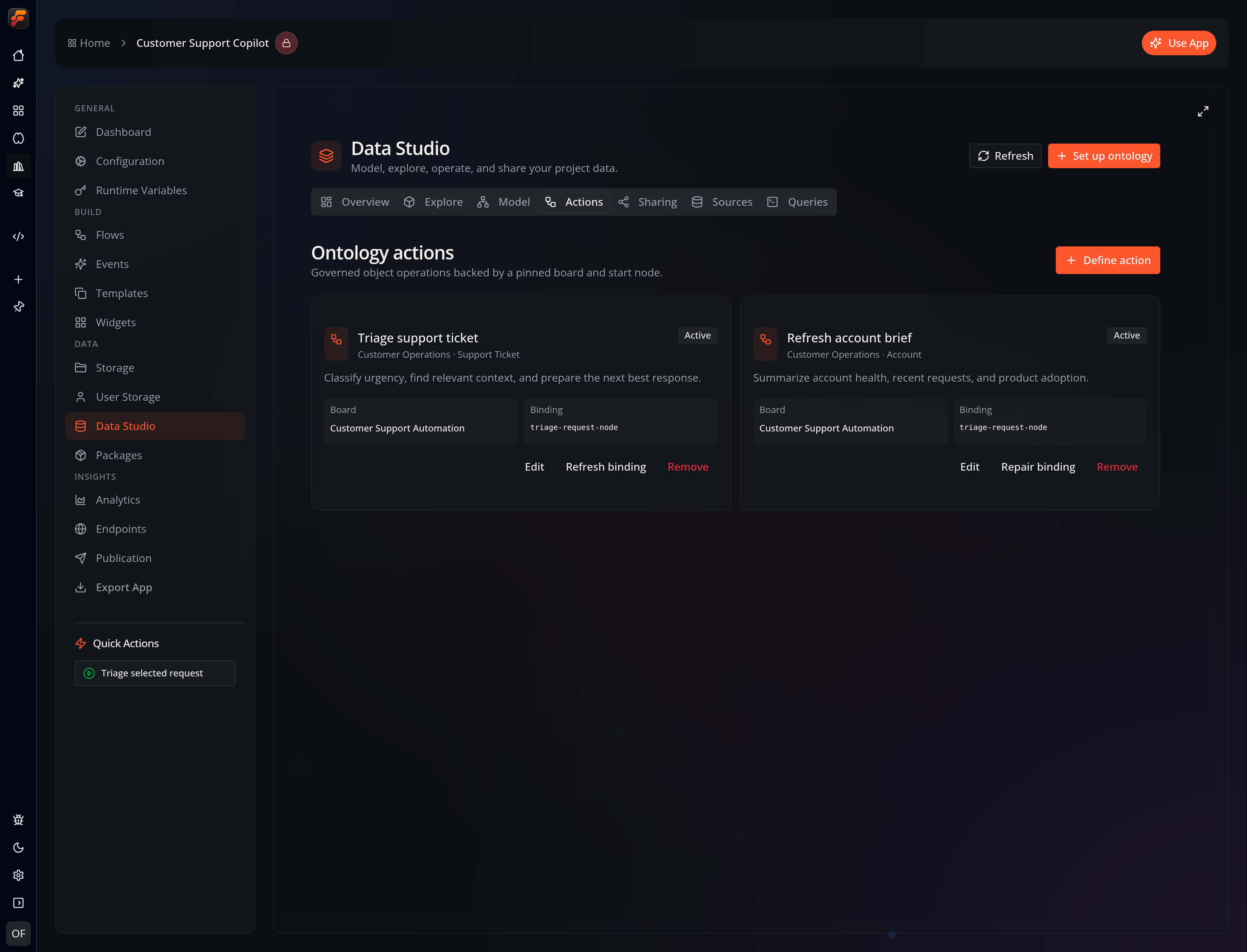 The Actions tab showing two active Customer Operations bindings, their target object types, implementation boards, and binding health