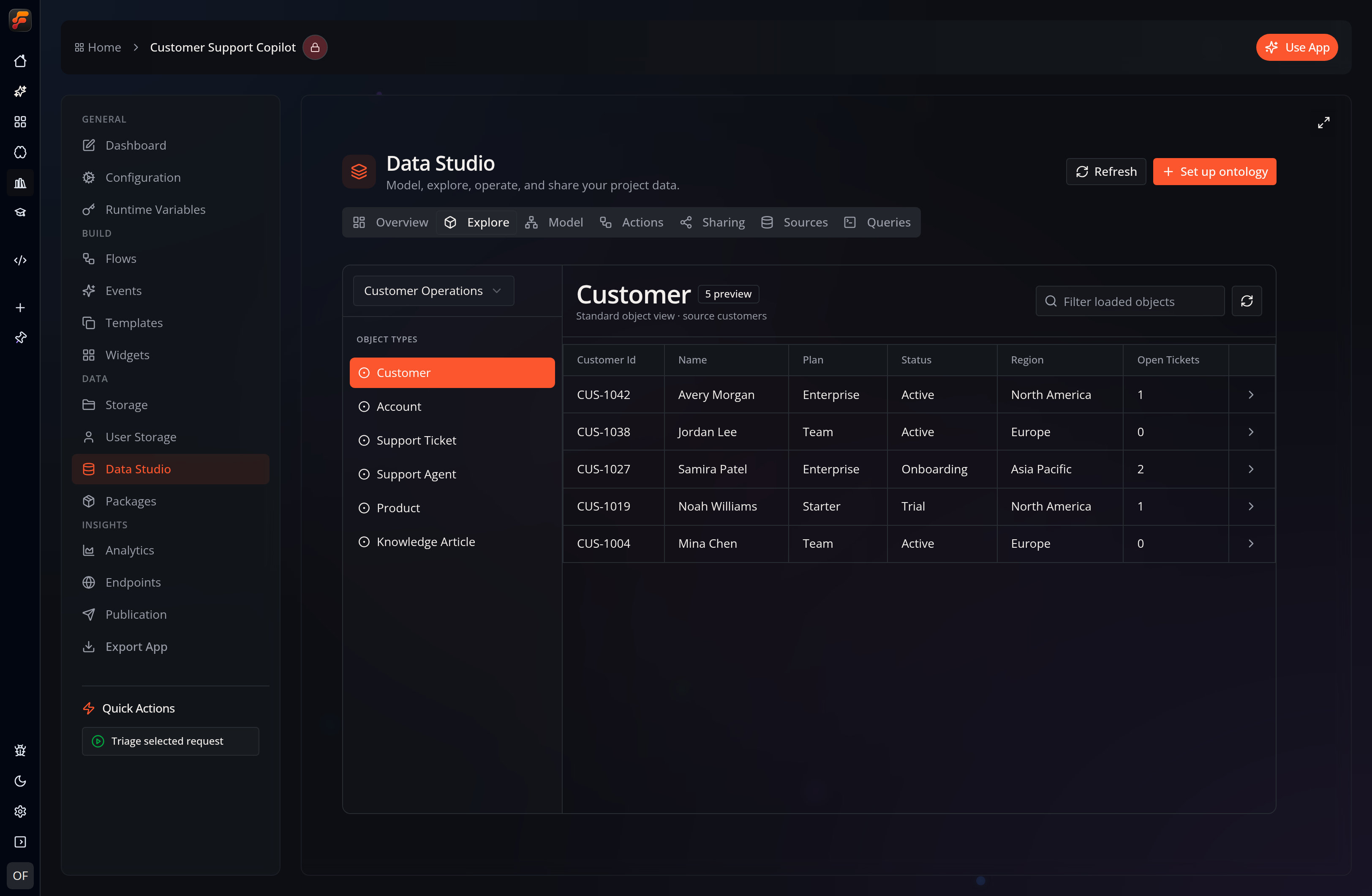 Data Studio's Explore tab showing five Customer objects from the Customer Operations ontology