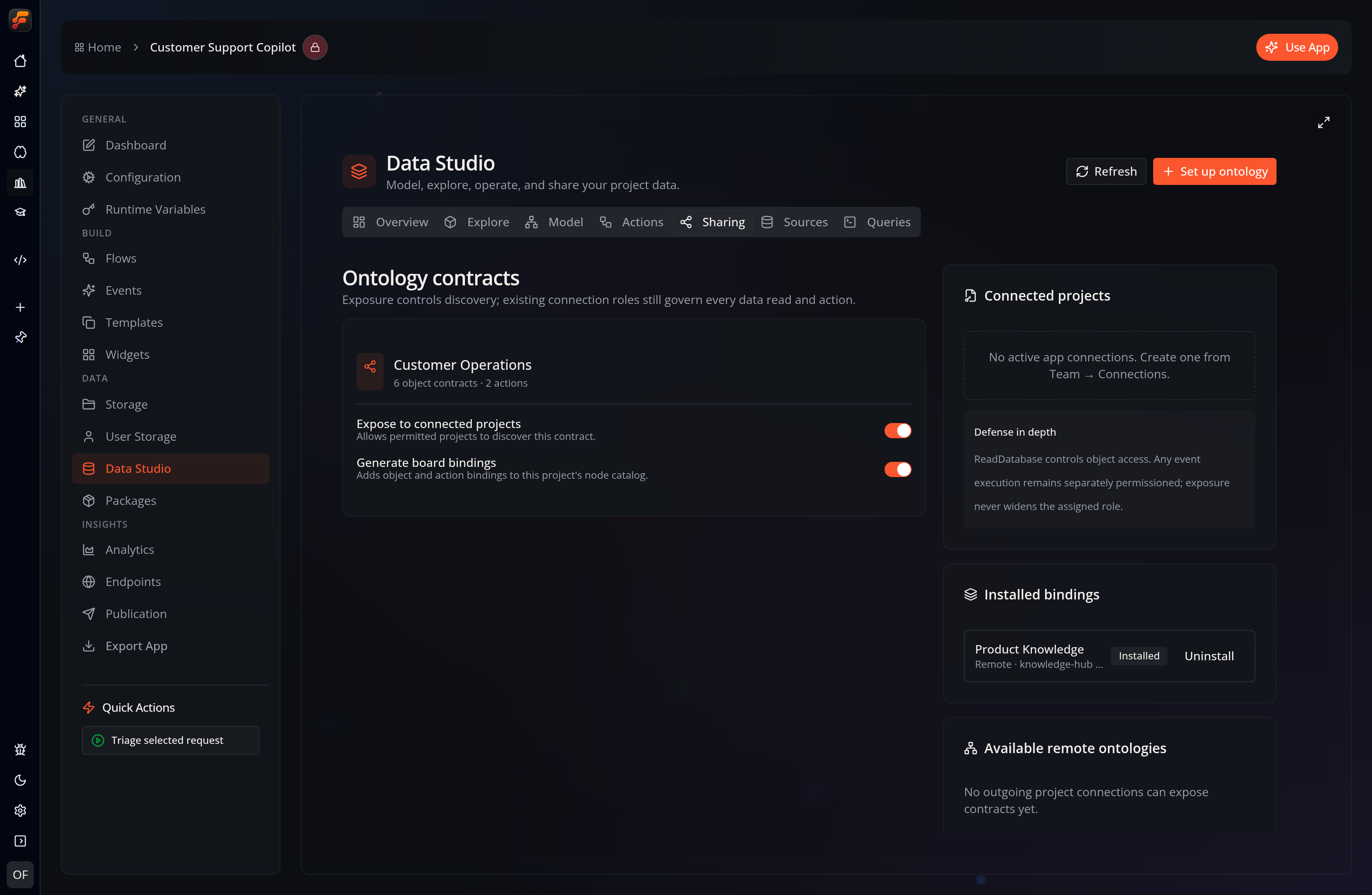 Data Studio's Sharing tab showing an exposed Customer Operations contract and an installed Product Knowledge remote ontology