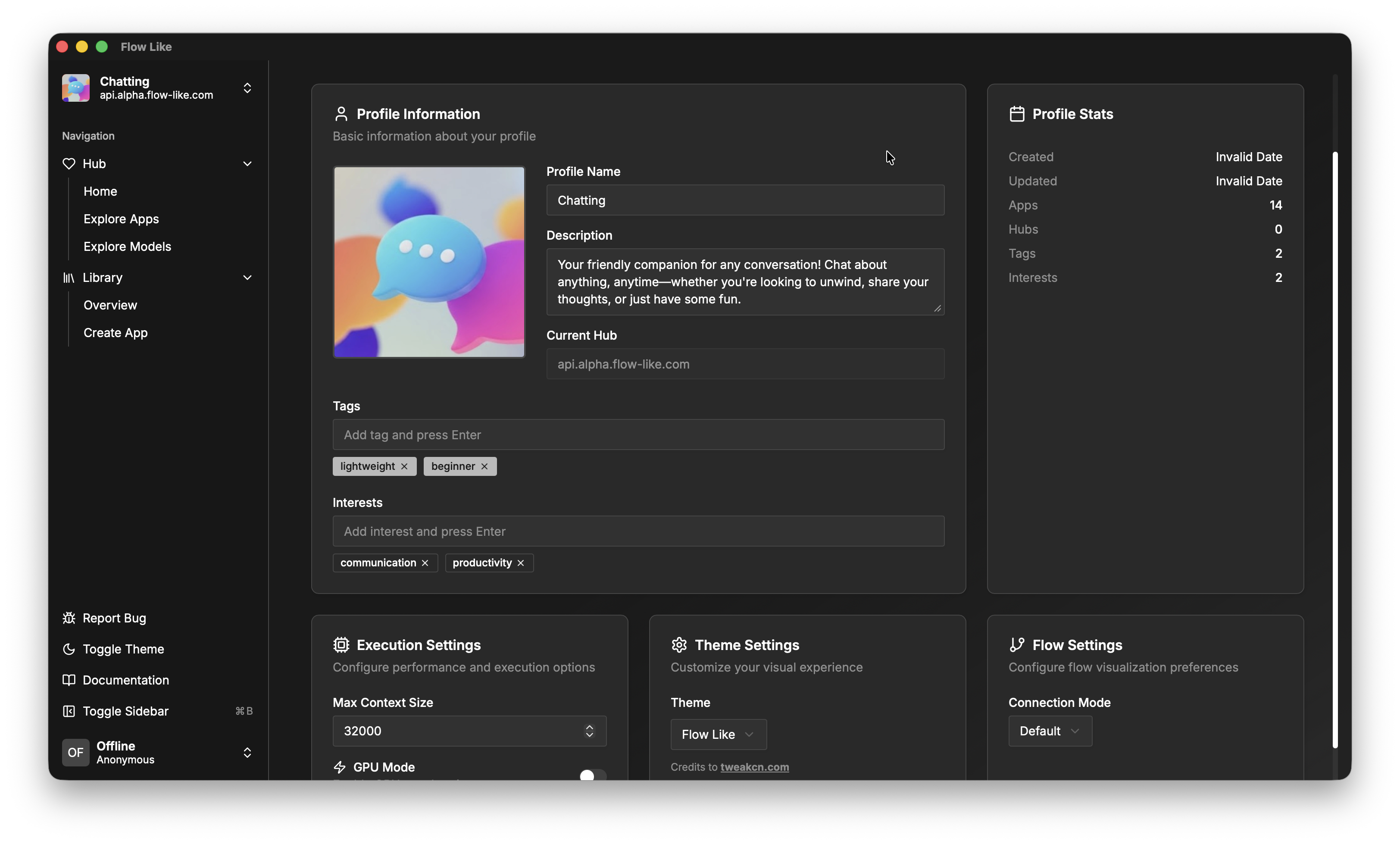 A screenshot of Flow-Like Desktop showing a preview of the Profile Settings page
