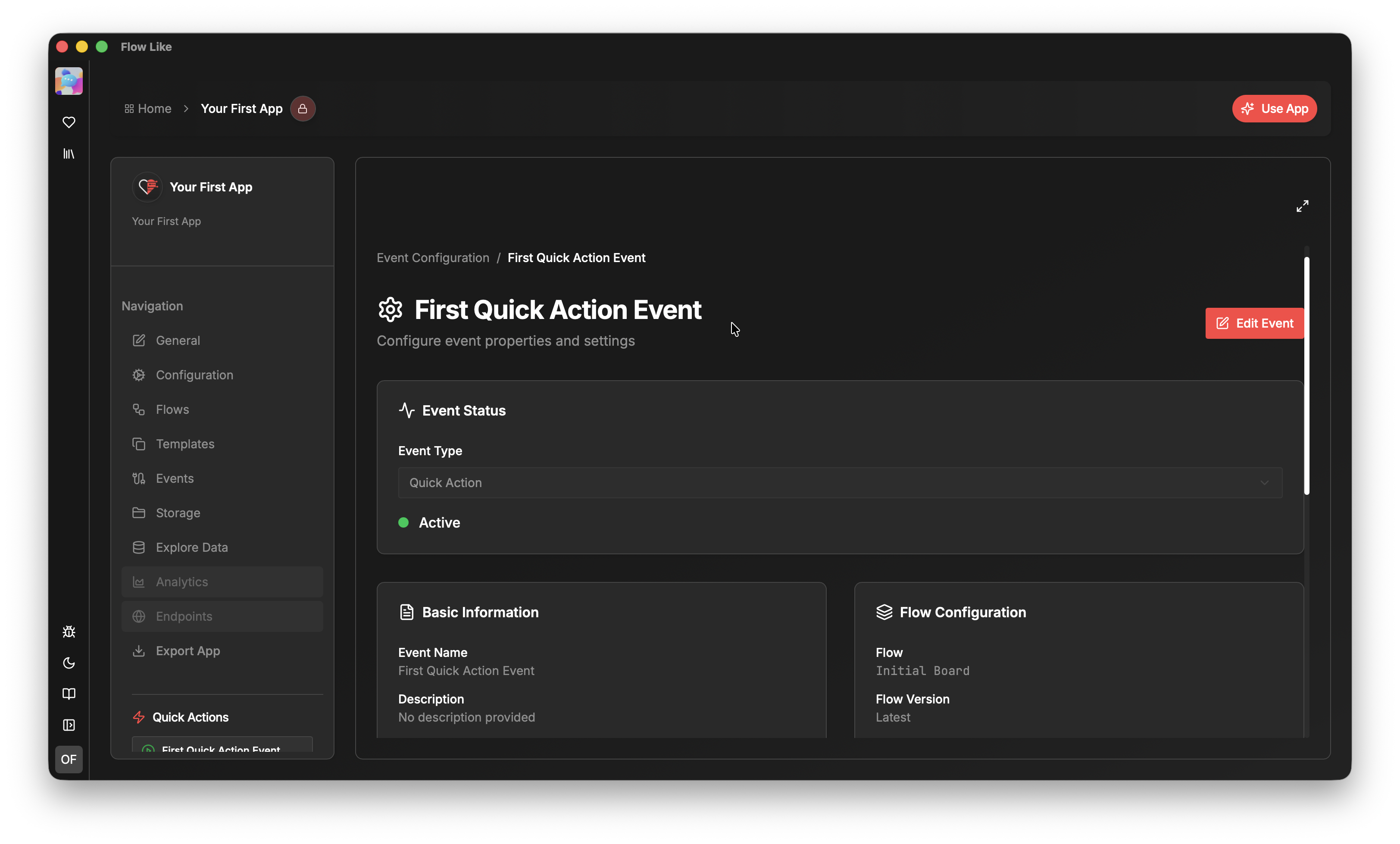 A screenshot of Flow-Like Desktop showing the configuration options of a Quick Action event
