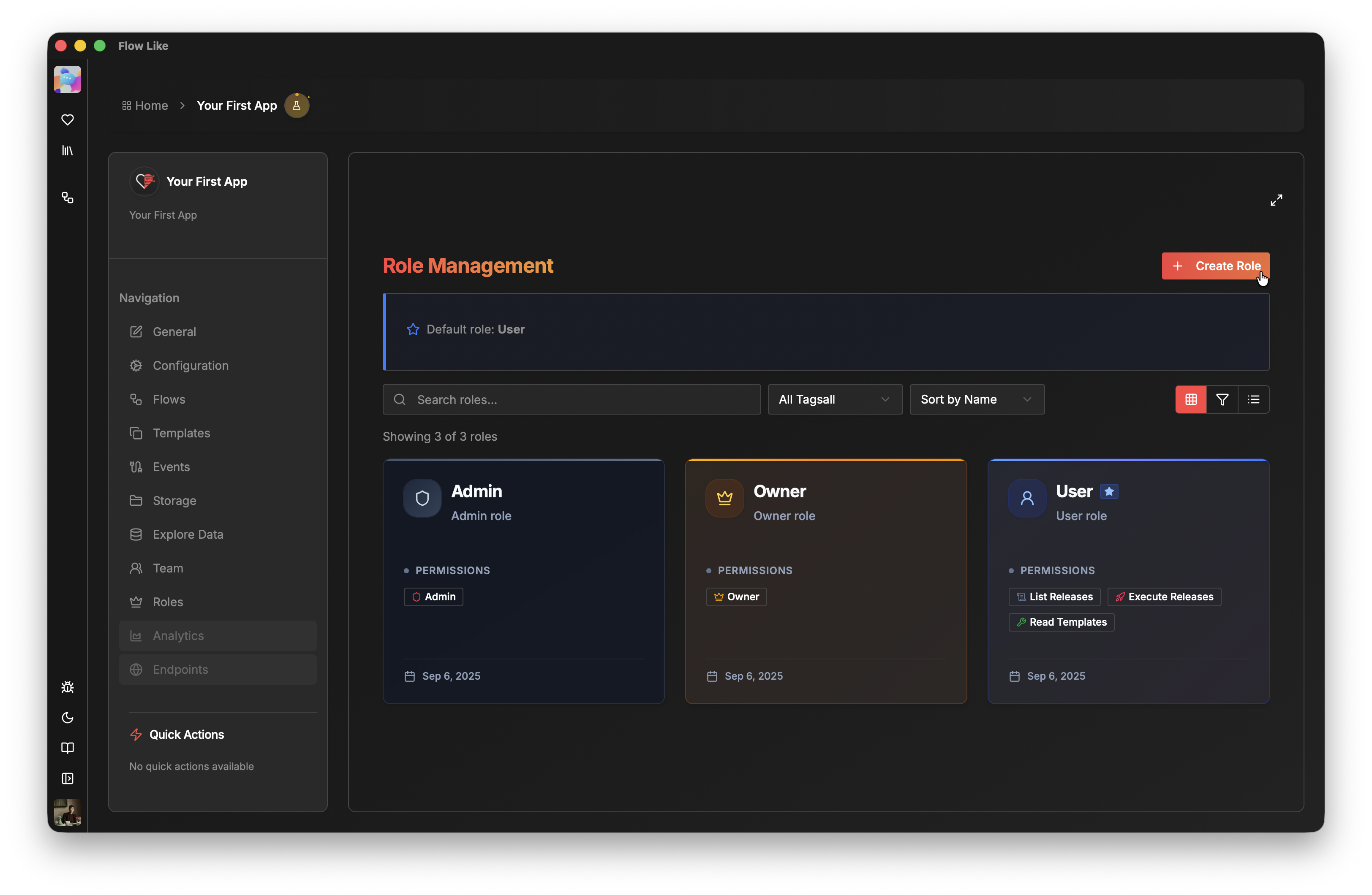 A screenshot of Flow-Like Desktop showing how to create custom roles within an app with fine-grained permission attributes