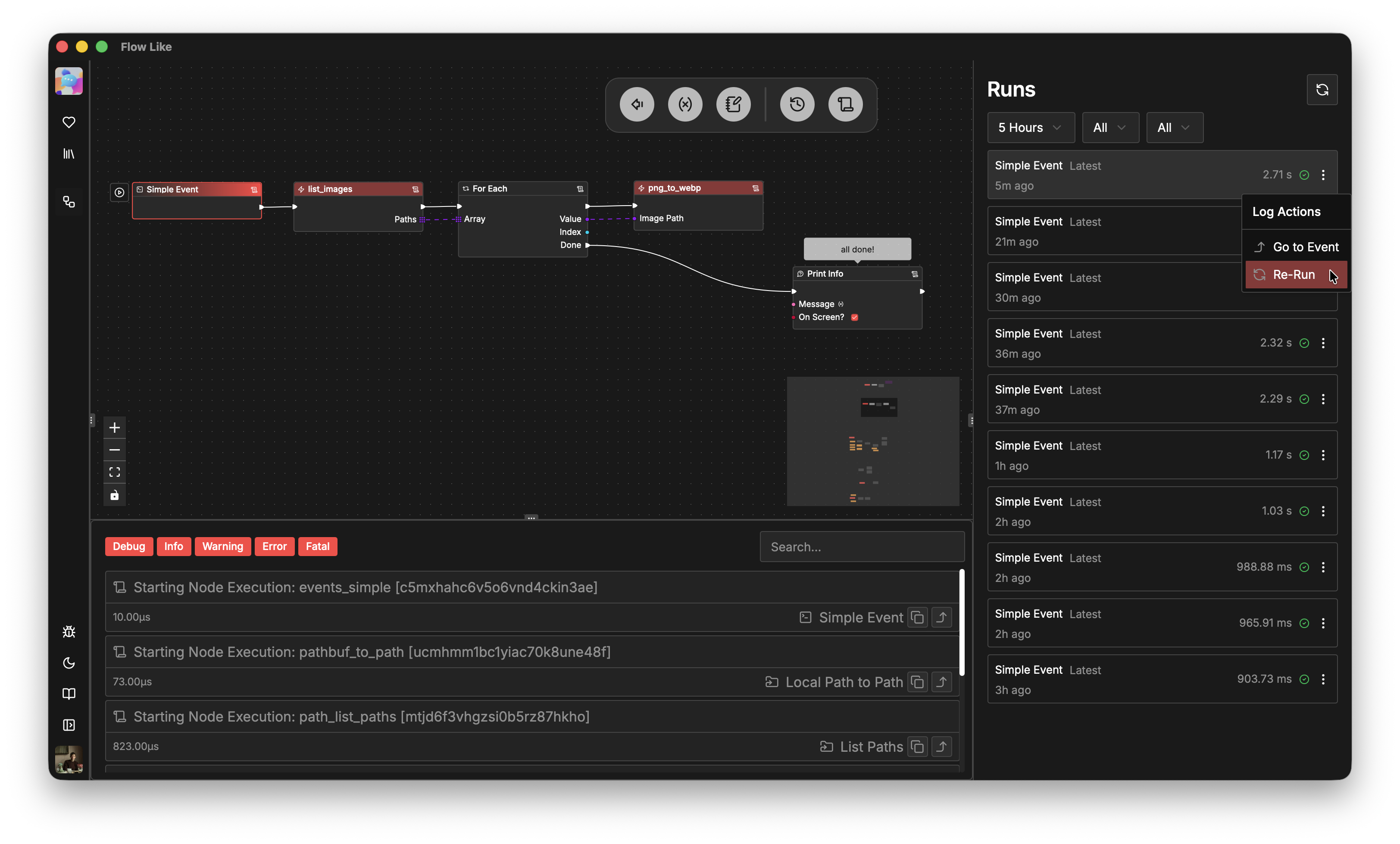 A screenshot of Flow-Like Studio showing previous runs and logs of a workflow