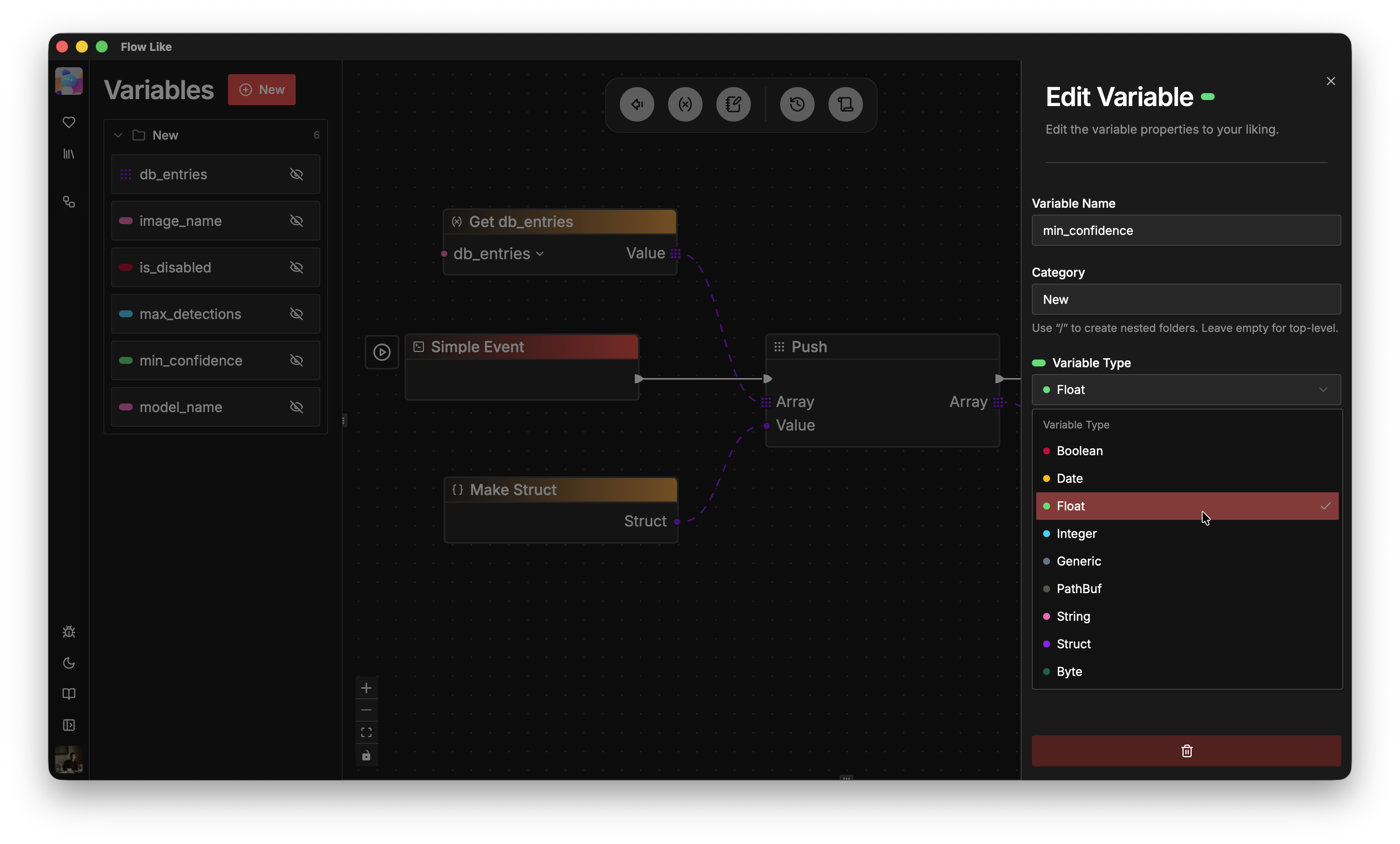 A screenshot showing how to set the type of a variable