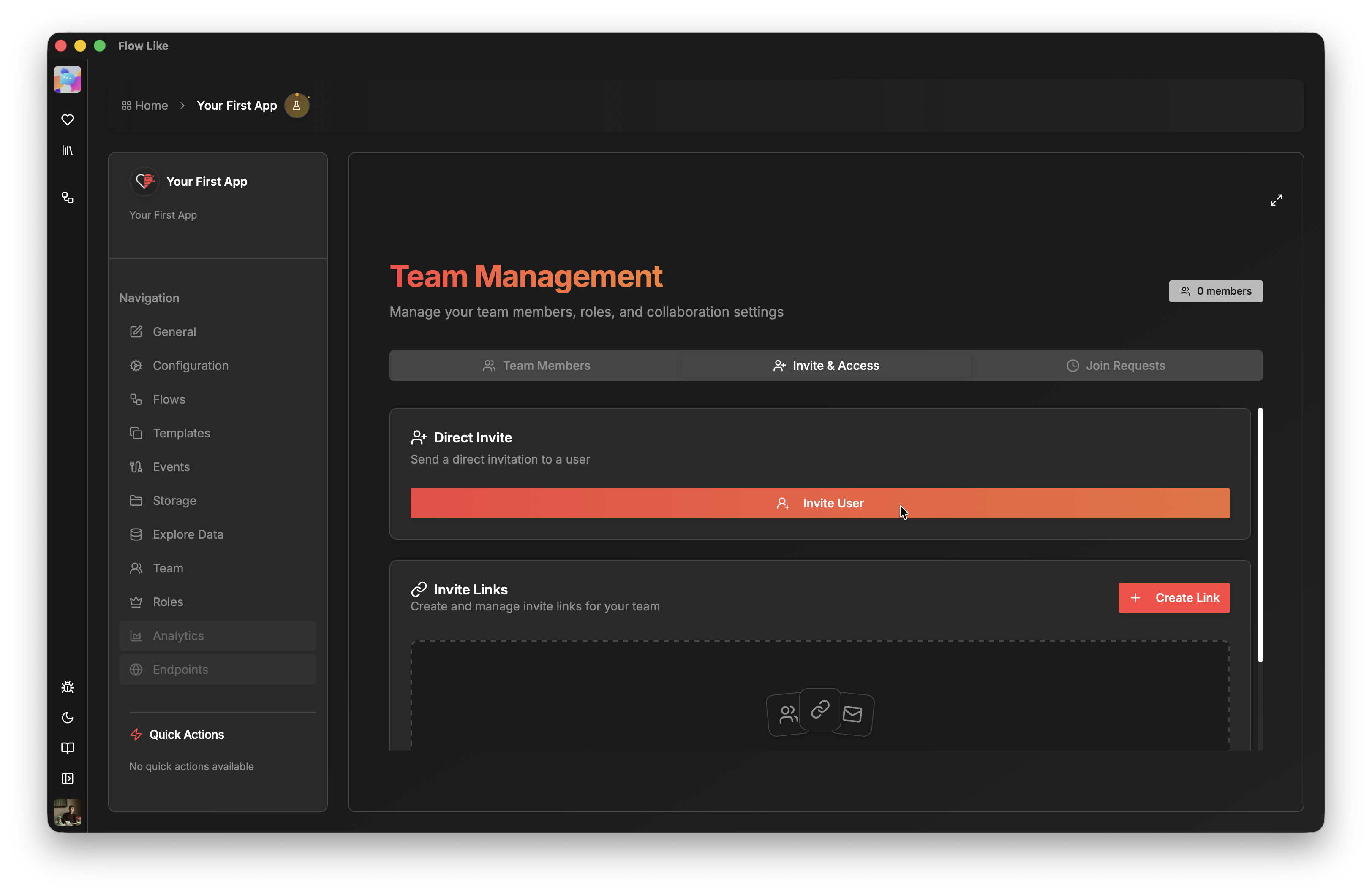 A screenshot of Flow-Like Desktop showing how to invite others to apps and manage teams