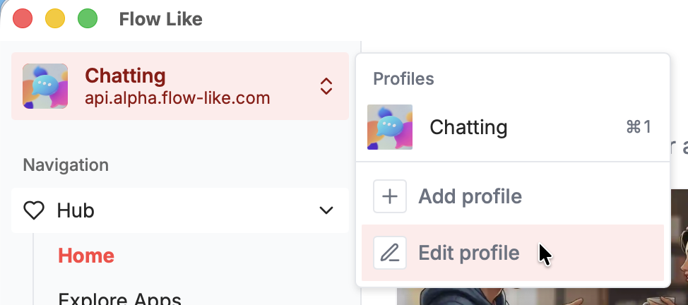 A screenshot showing how to switch between different Profiles in Flow-Like Desktop