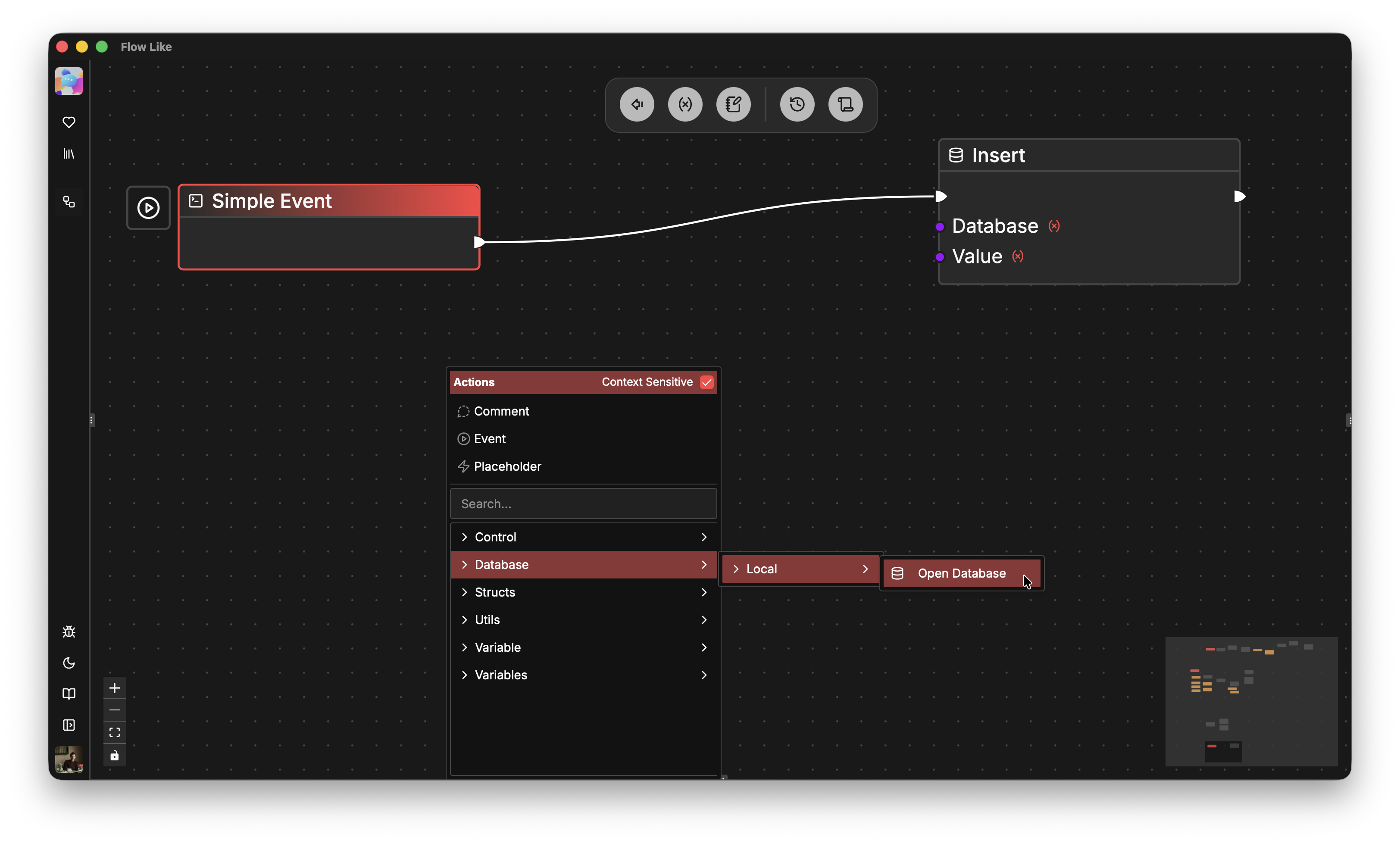 A screenshot showing how the node catalog is reduced to the set of nodes that can actually be connected to the selected pin