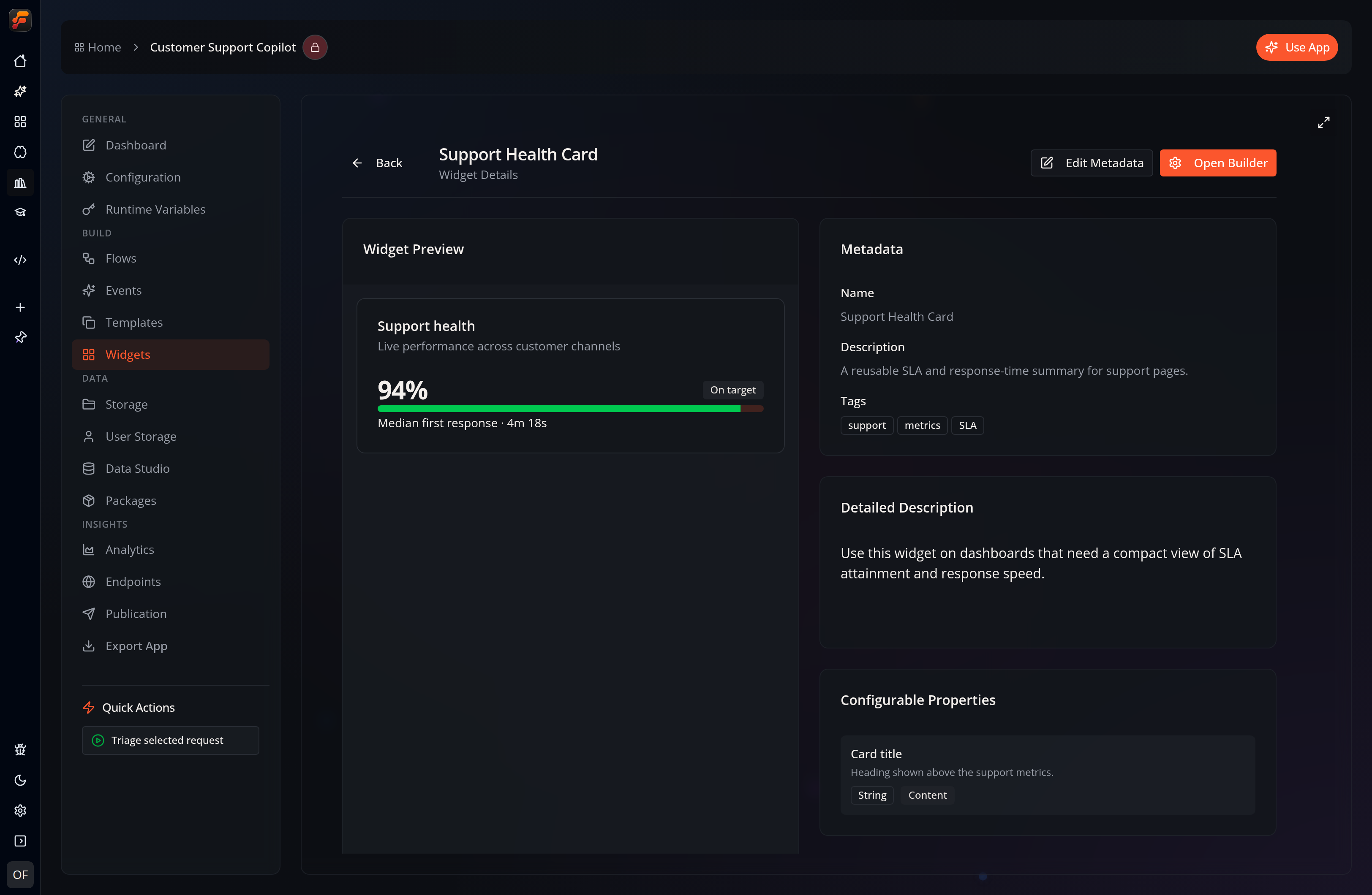 The Widgets workspace with a rendered Widget preview and metadata