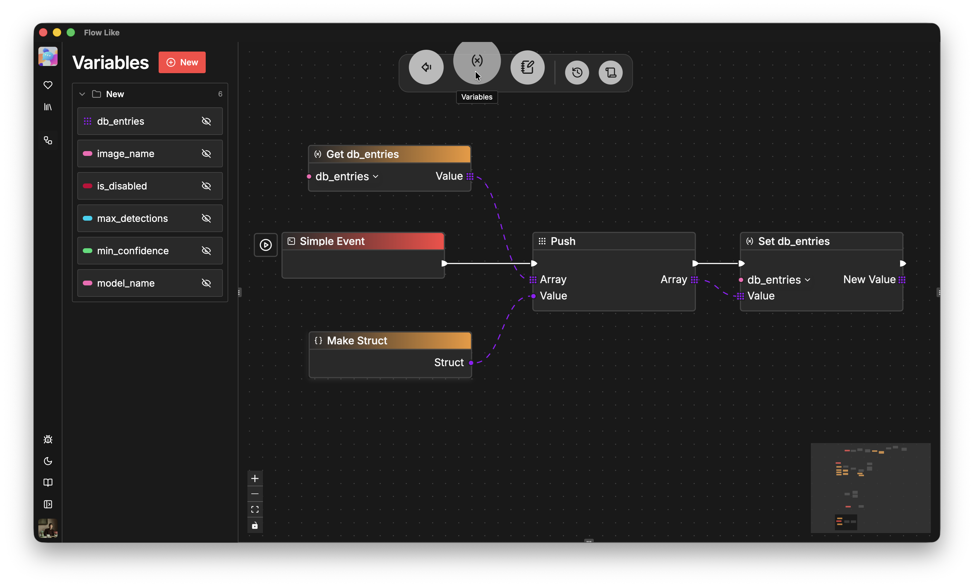 A screenshot showing how to manage variables in Flow-Like Desktop and integrate them in flows